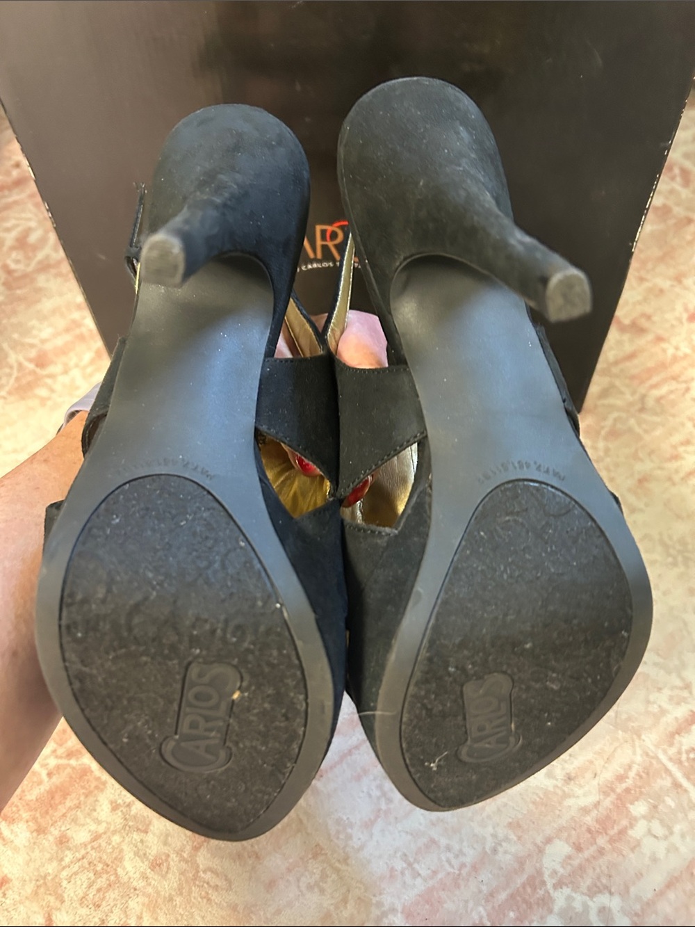 Carlos by Carlos Santana Black Slingback Heels with Amber & Black Gem Accents - Picture 4 of 5